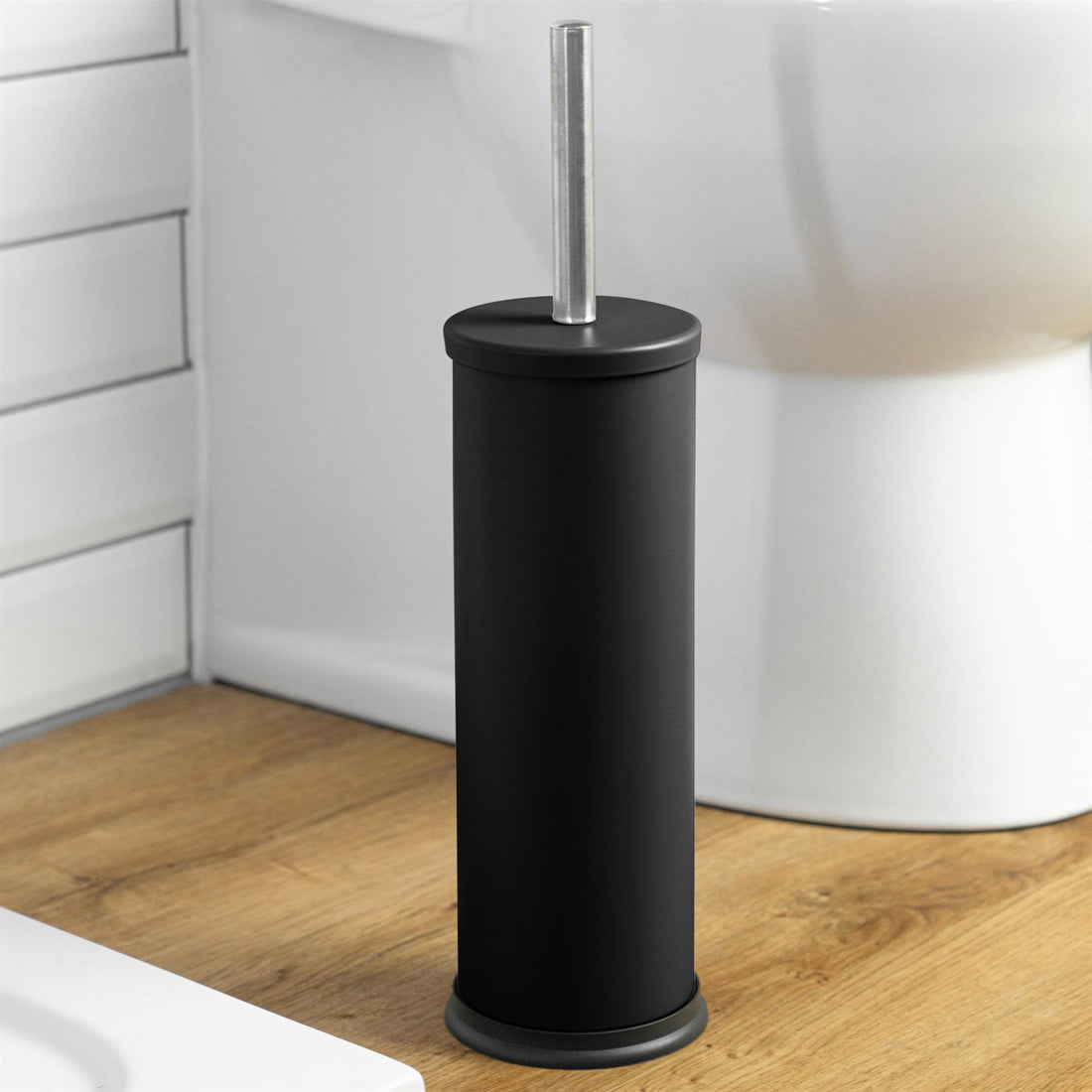 Matt Black Round Stainless Steel Toilet Brush &amp; Holder