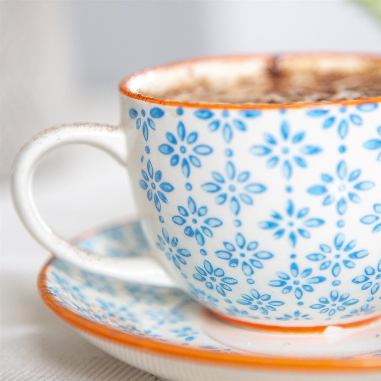 250ml Blue Hand-Printed Stoneware Cappuccino Cups - Pack of Six