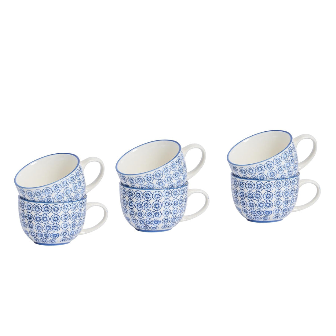 250ml Navy Hand-Printed Stoneware Cappuccino Cups - Pack of Six