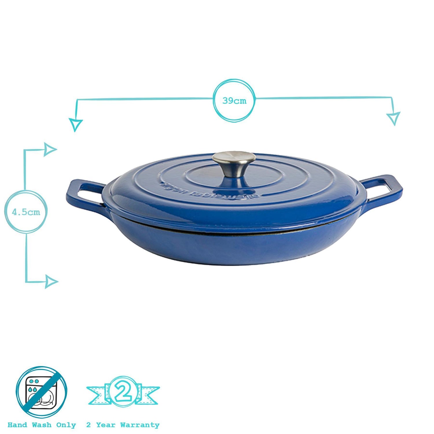 2.3L Dark Blue Cast Iron Shallow Casserole Dish