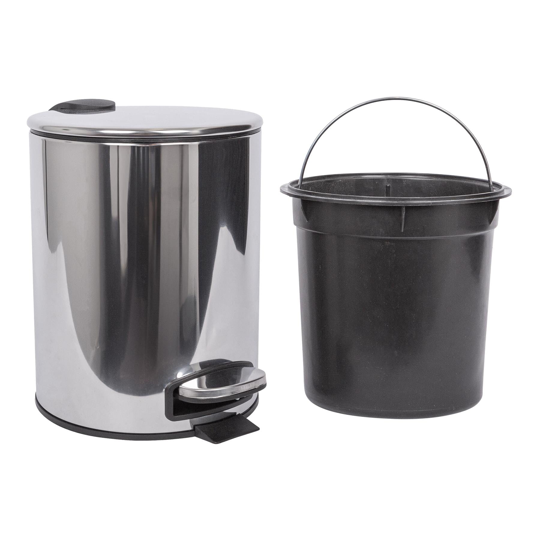 2pc 5L Chrome Round Stainless Steel Pedal Bin &amp; Toilet Brush Set
