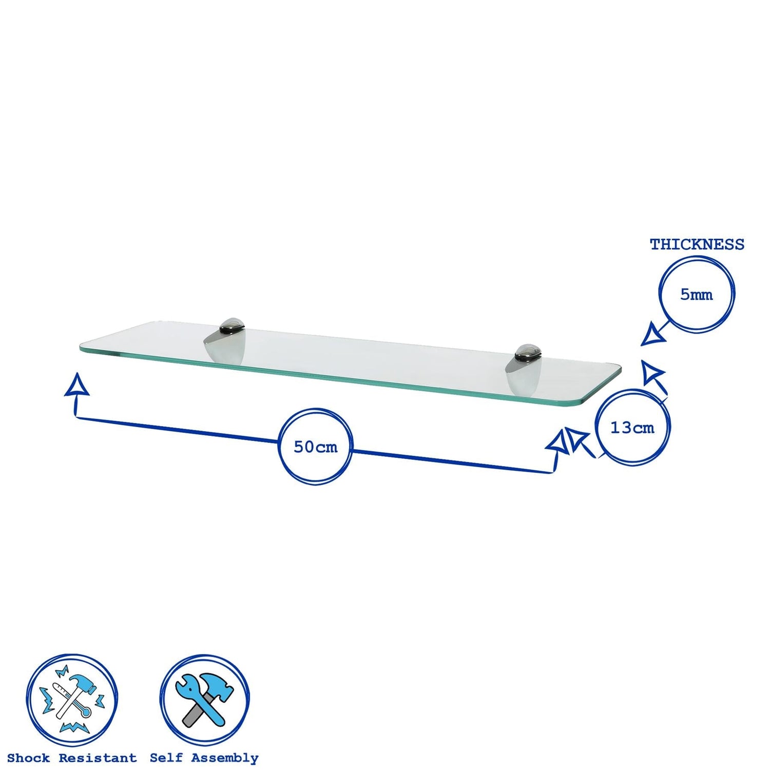 50cm Rounded Floating Glass Shelf with Chrome Fixings