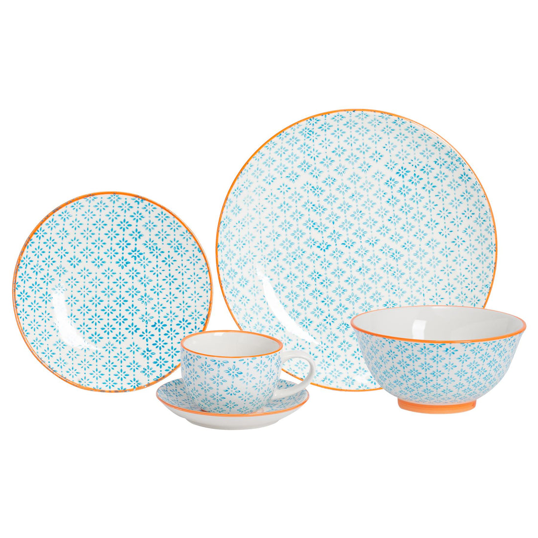 30pc Hand-Printed Blue Floral Stoneware Dinner Set