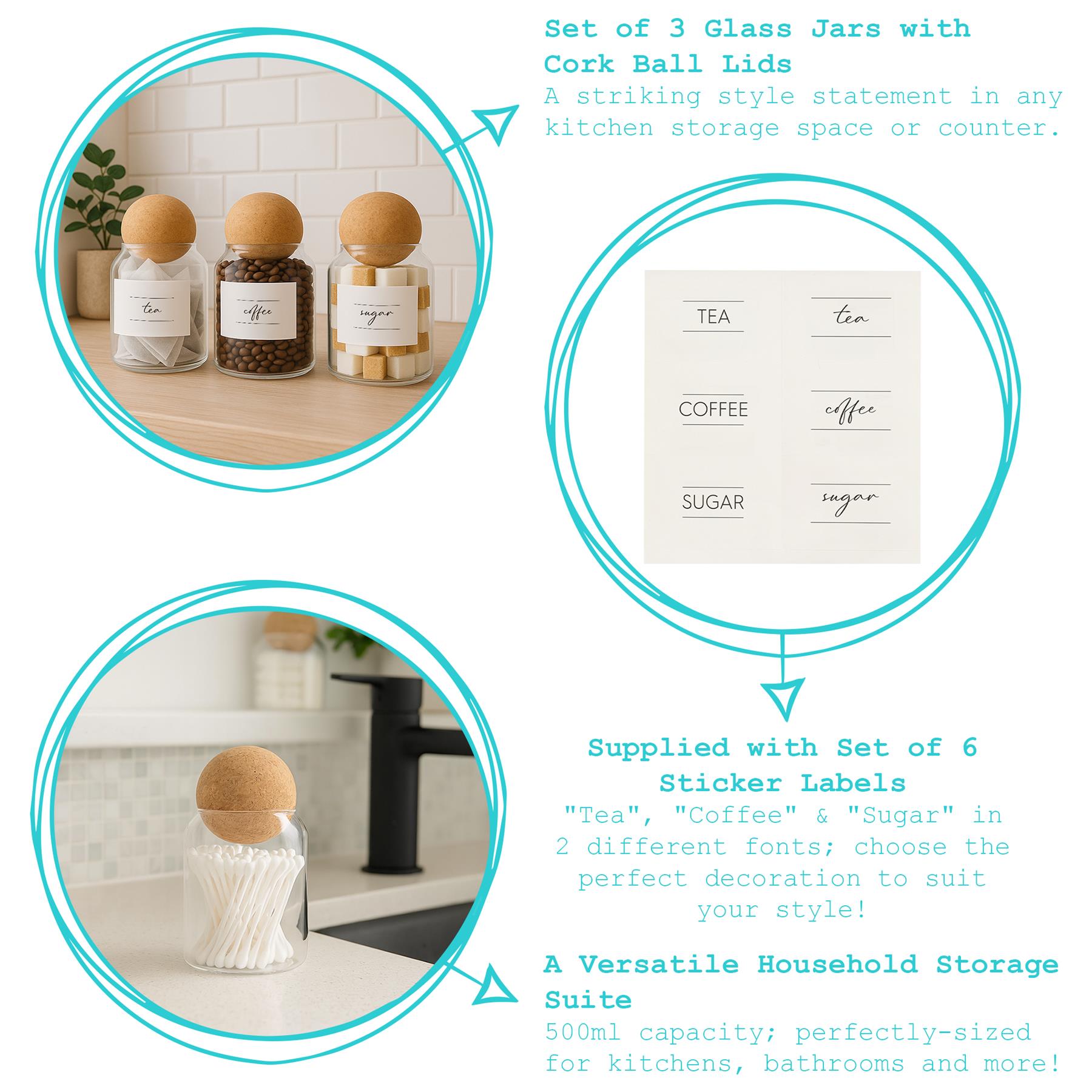 Cork Ball Glass Tea Coffee Sugar Jars Set