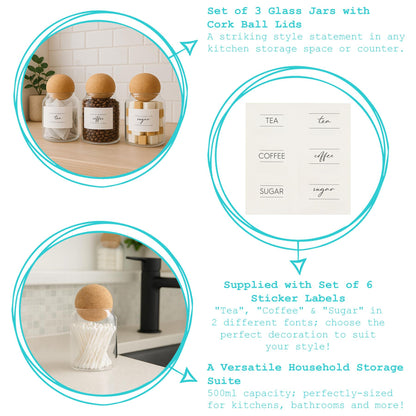 Cork Ball Glass Tea Coffee Sugar Jars Set
