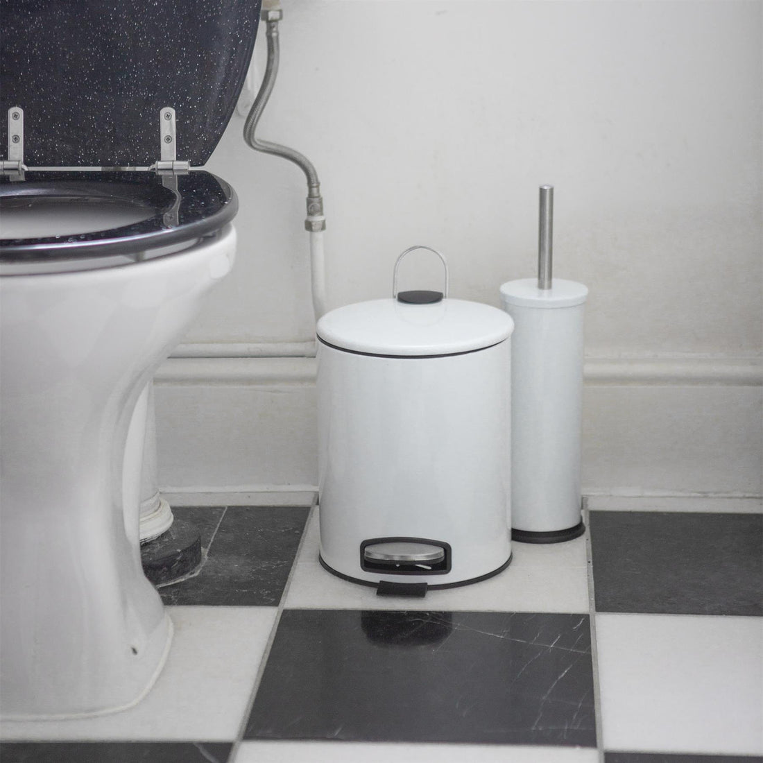 2pc 5L White Round Stainless Steel Pedal Bin &amp; Toilet Brush Set