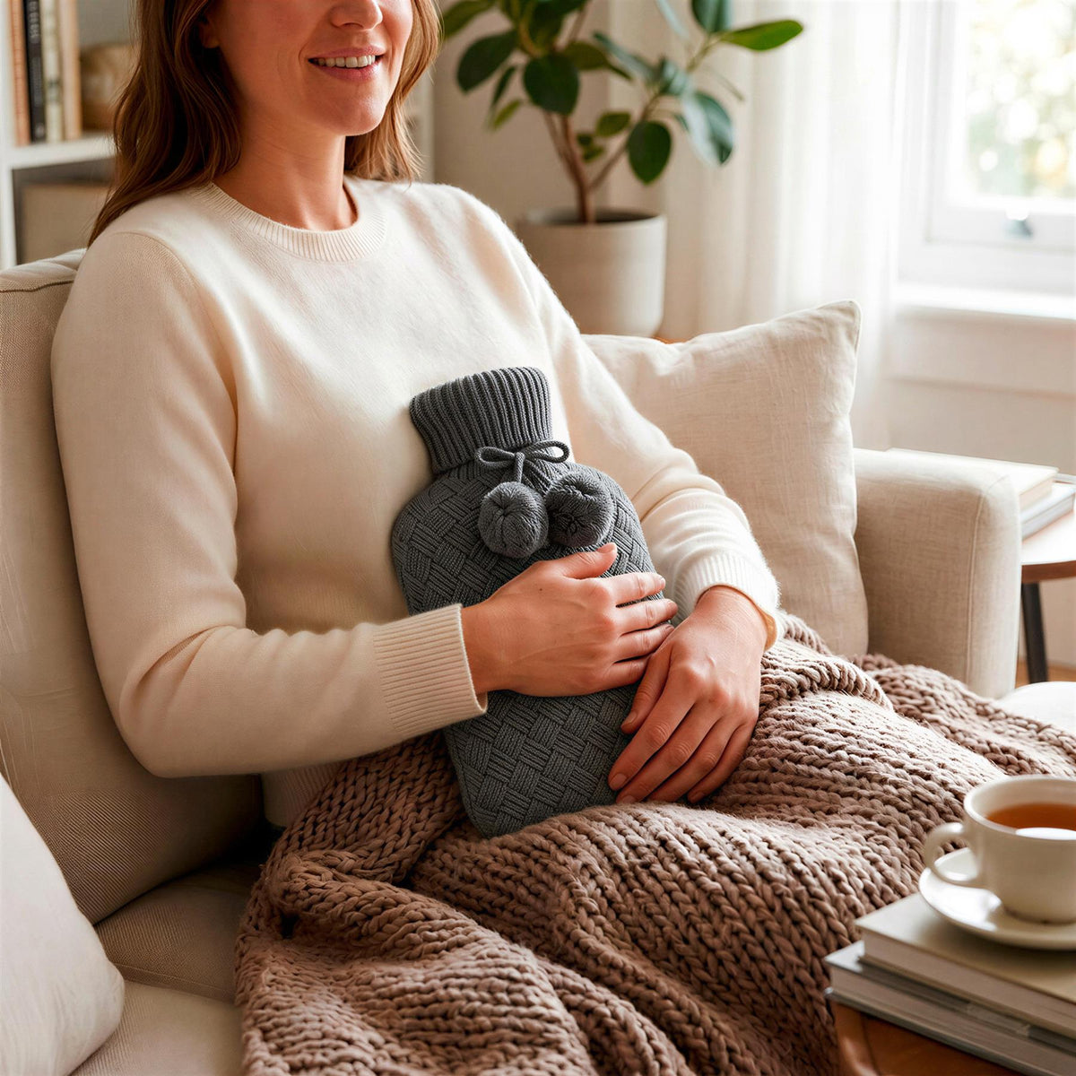 Hot Water Bottle with Knitted Cover - 1.8L - Cream/Dark Grey