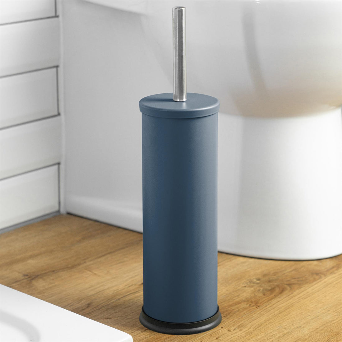 Matt Blue Round Stainless Steel Toilet Brush &amp; Holder