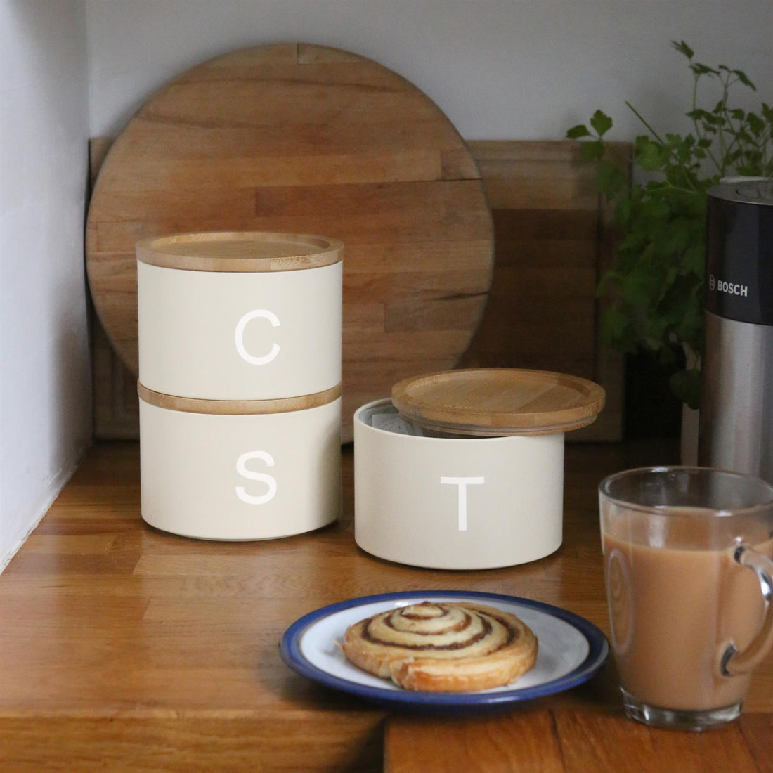 3pc Stacking Tea Coffee Sugar Cream Canister Set with Bamboo Lids