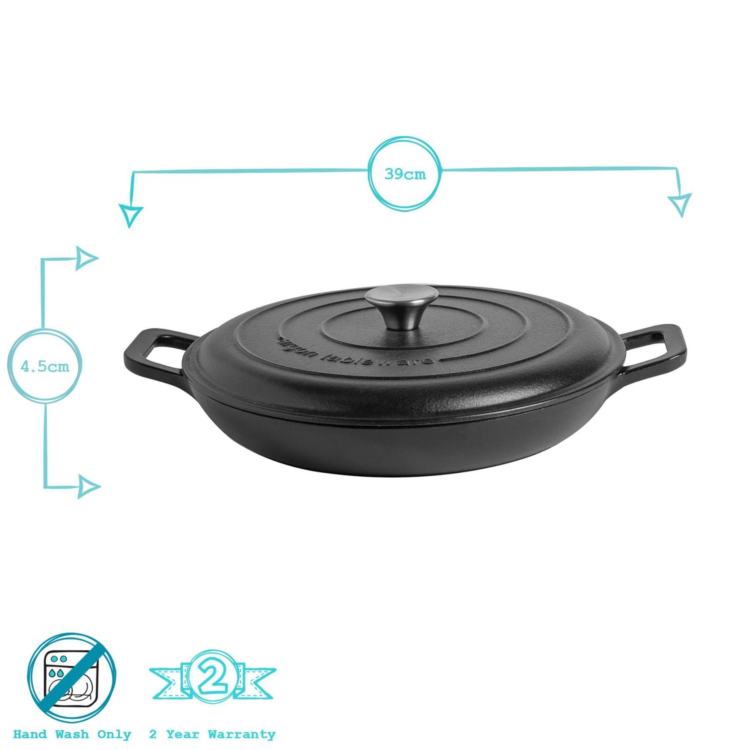 2.3L Matt Black Cast Iron Shallow Casserole Dish