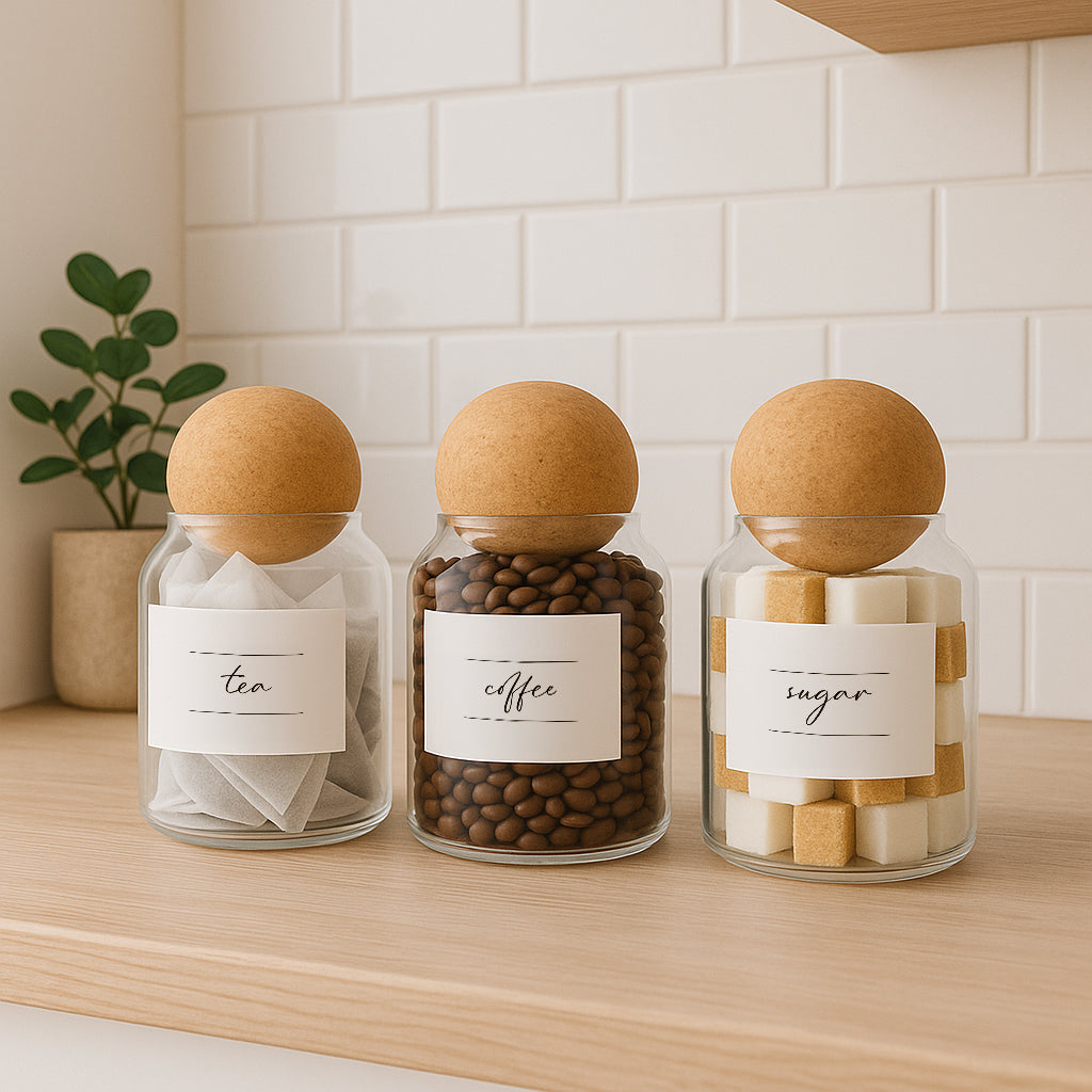 Cork Ball Glass Tea Coffee Sugar Jars Set