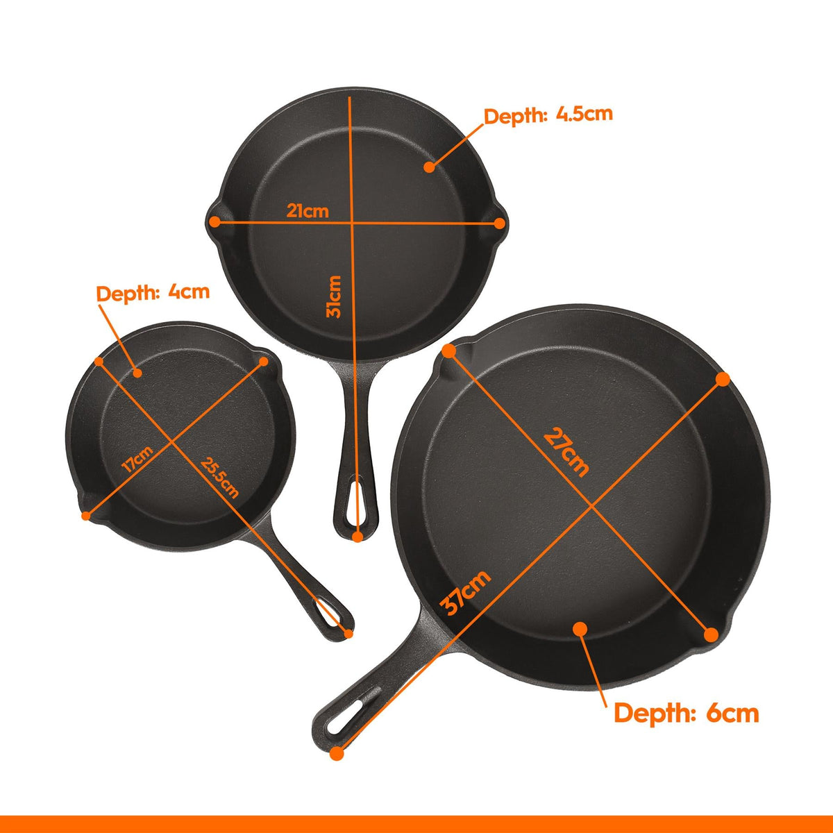3 Piece Cast Iron Frying Pan Set - 6" | 8" | 10"