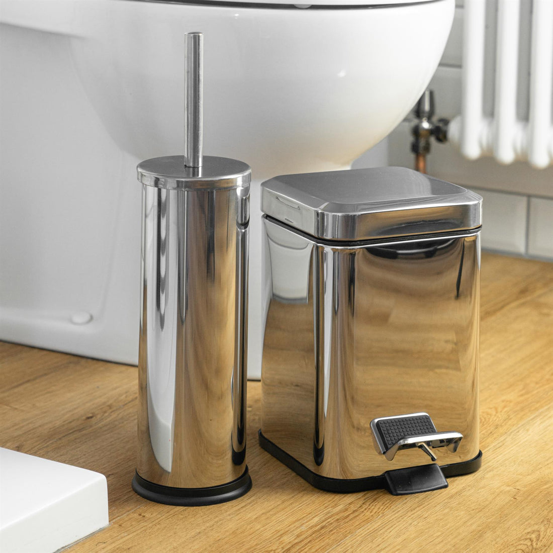 Chrome Round Toilet Brush &amp; Square Bin Set