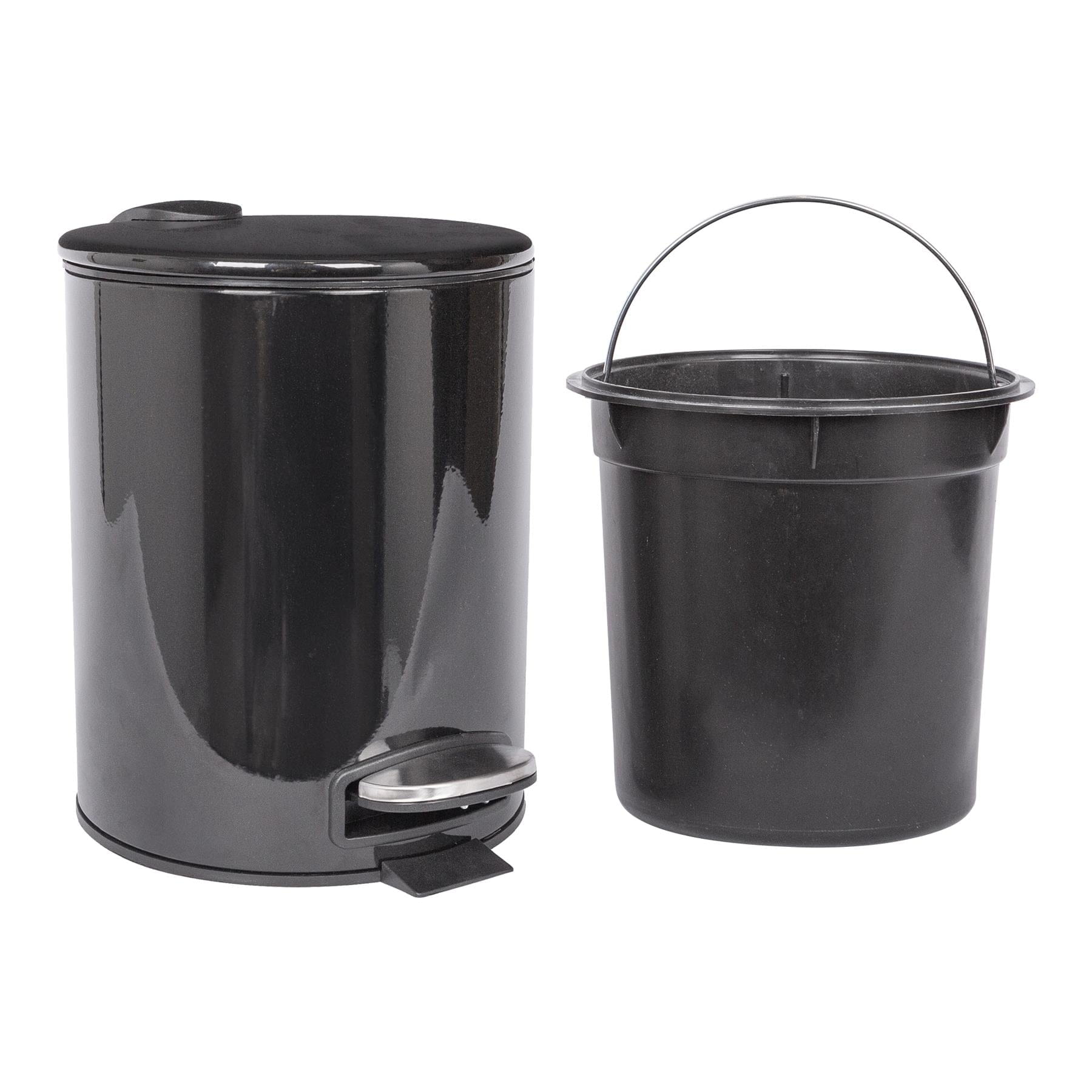 2pc 5L Black Round Stainless Steel Pedal Bin &amp; Toilet Brush Set
