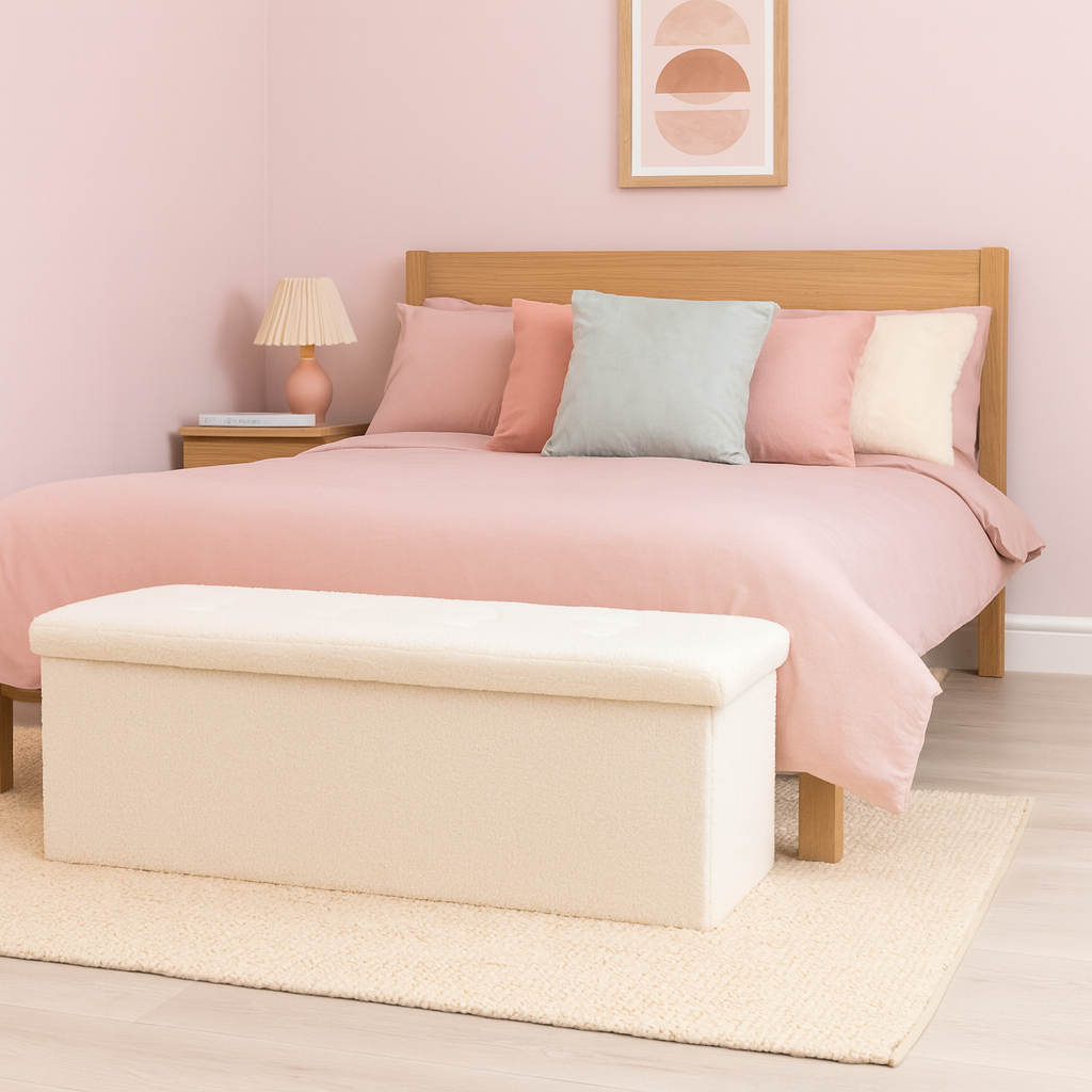 Cream Boucle Foldable Storage Ottoman - 111cm x 37cm x 39cm