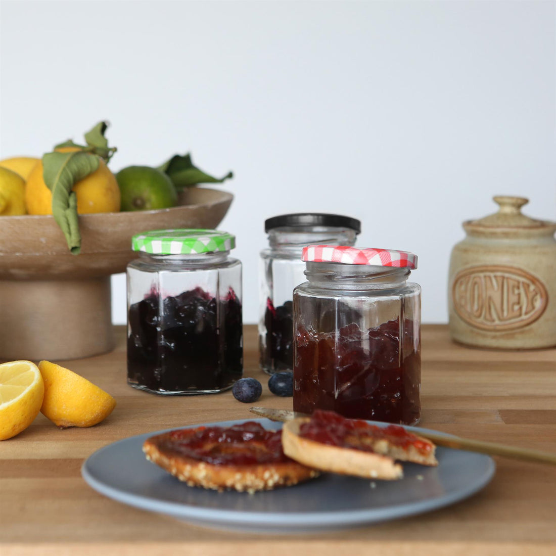 250ml Hexagonal Glass Jam Jars with Black Lids - Pack of 6