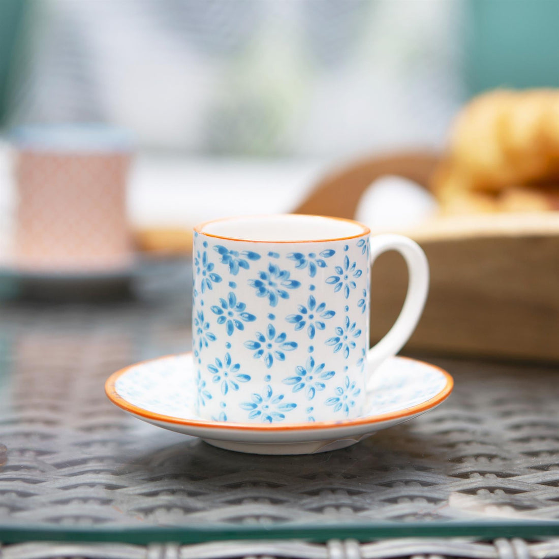 12pc 65ml Hand-Printed Stoneware Blue Espresso Cup &amp; Saucer Set