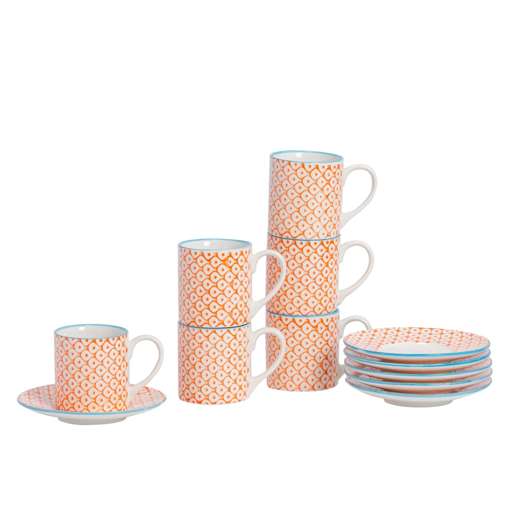 12pc 65ml Hand-Printed Stoneware Orange Espresso Cup &amp; Saucer Set