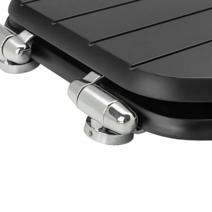 Close-up of chrome-plated soft-close hinges on a black soft-close tongue and groove MDF wood toilet seat