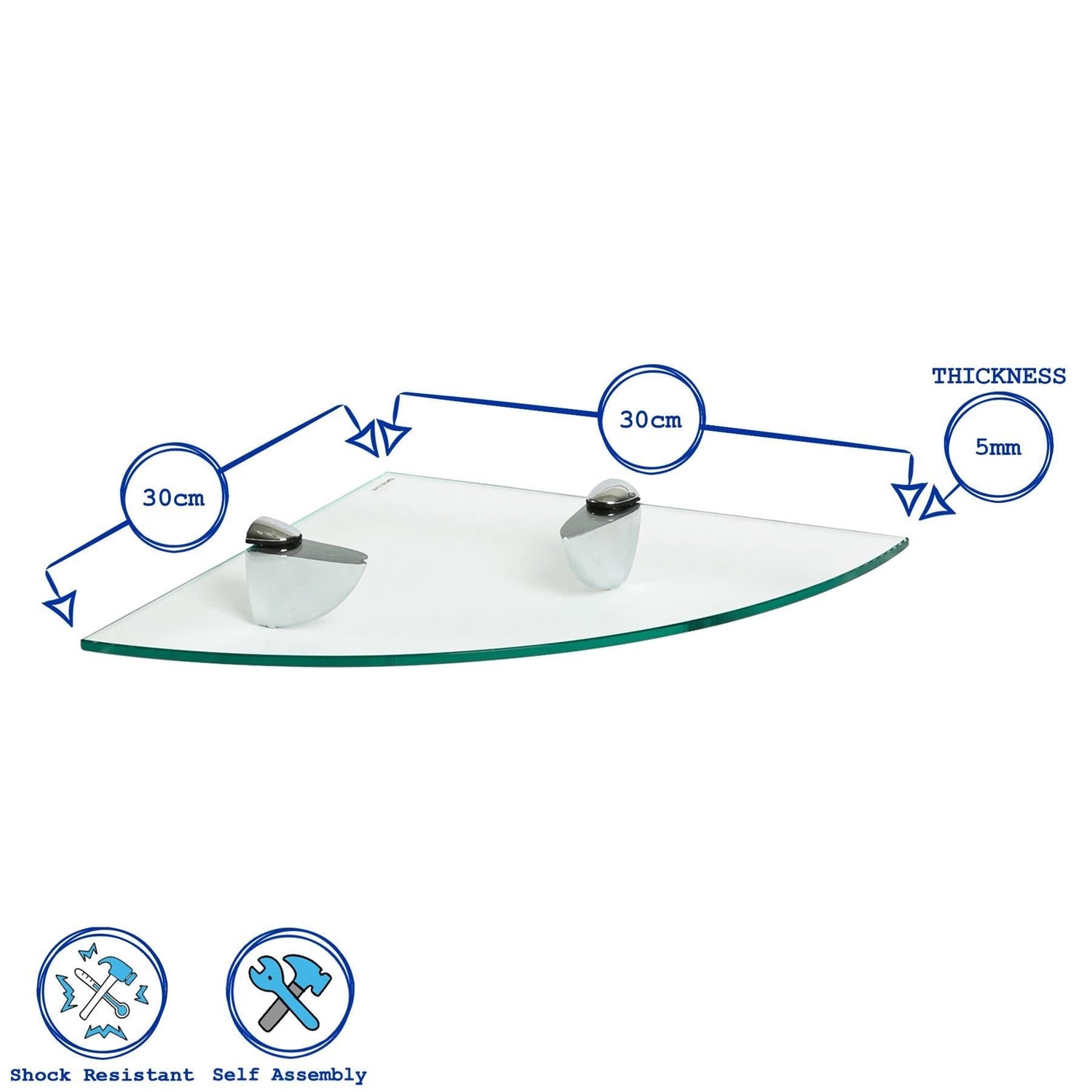 30cm Floating Glass Corner Shelf with Black Fixings