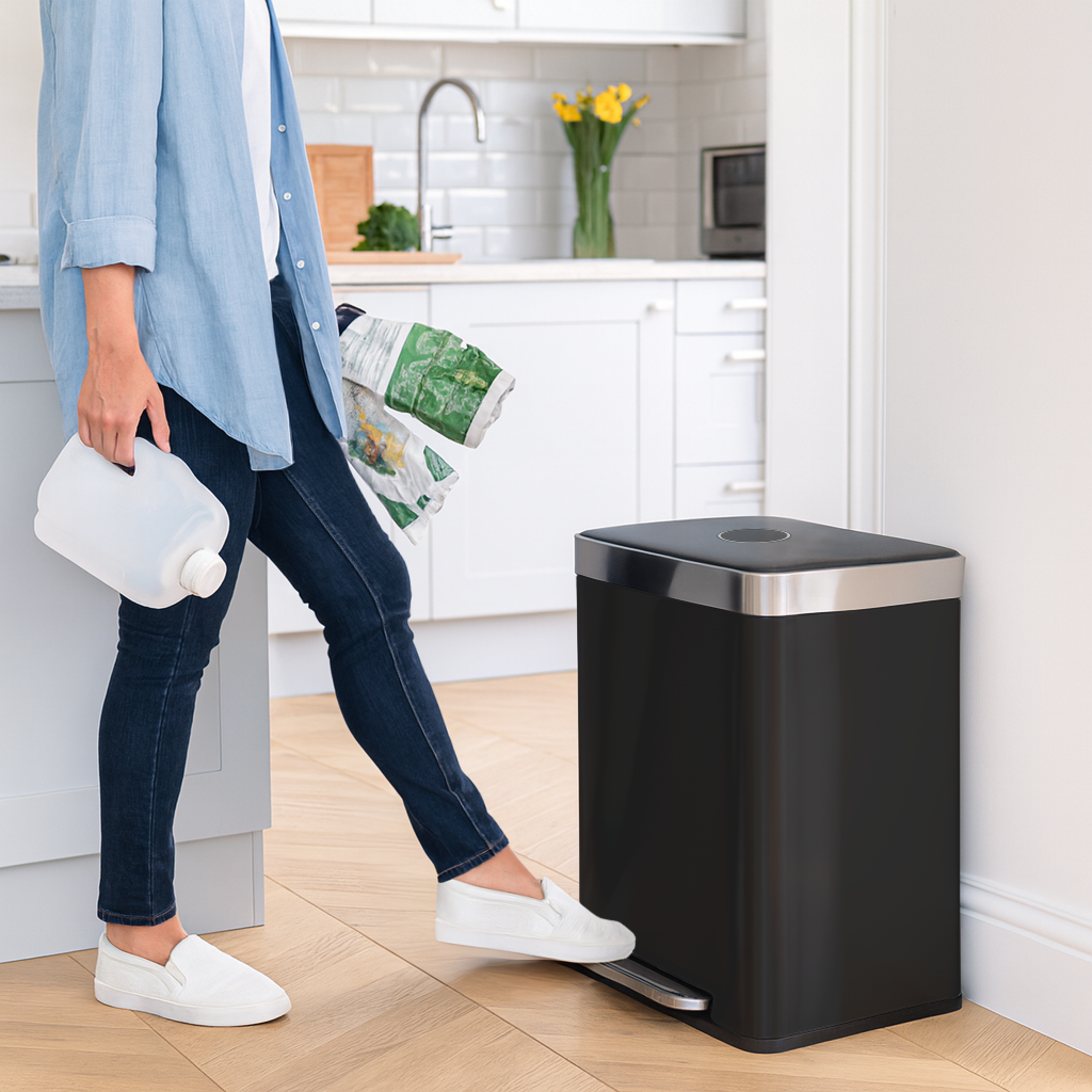 60L Matt Black Stainless Steel Double Kitchen Pedal Bin (2 x 30L)