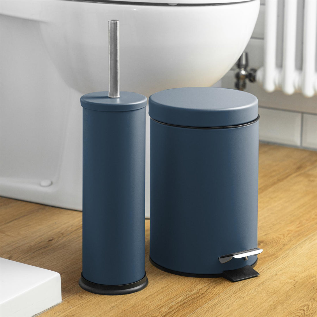 Matt Blue Round Stainless Steel Toilet Brush &amp; Bin Set