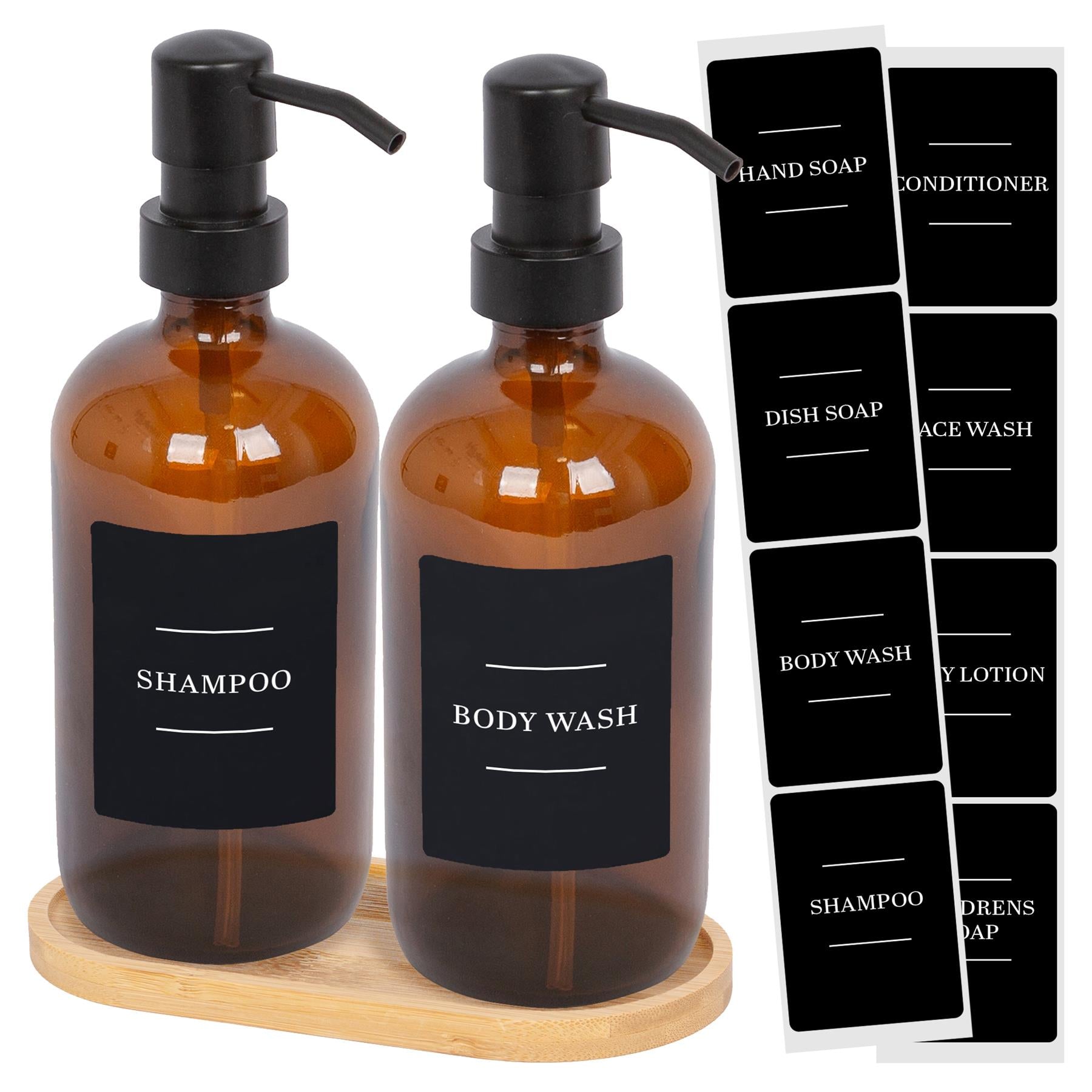 2pc 500ml Amber Glass Soap Dispenser with Black Labels &amp; Bamboo Tray