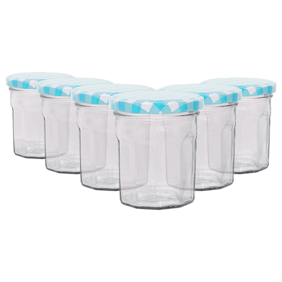 150ml Octagonal Glass Jam Jars with Blue Gingham Lids - Pack of 6