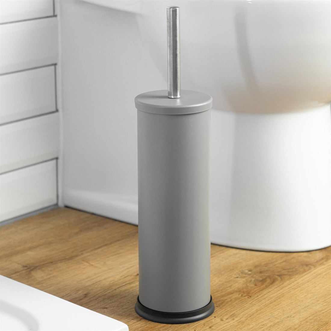 Matt Grey Round Stainless Steel Toilet Brush &amp; Holder