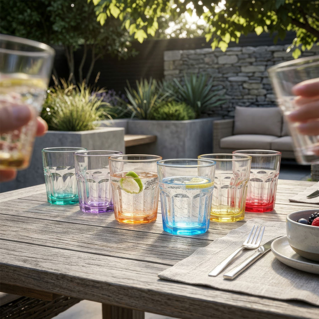 285ml Panelled Glass Tumblers with Coloured Base - Pack of Six