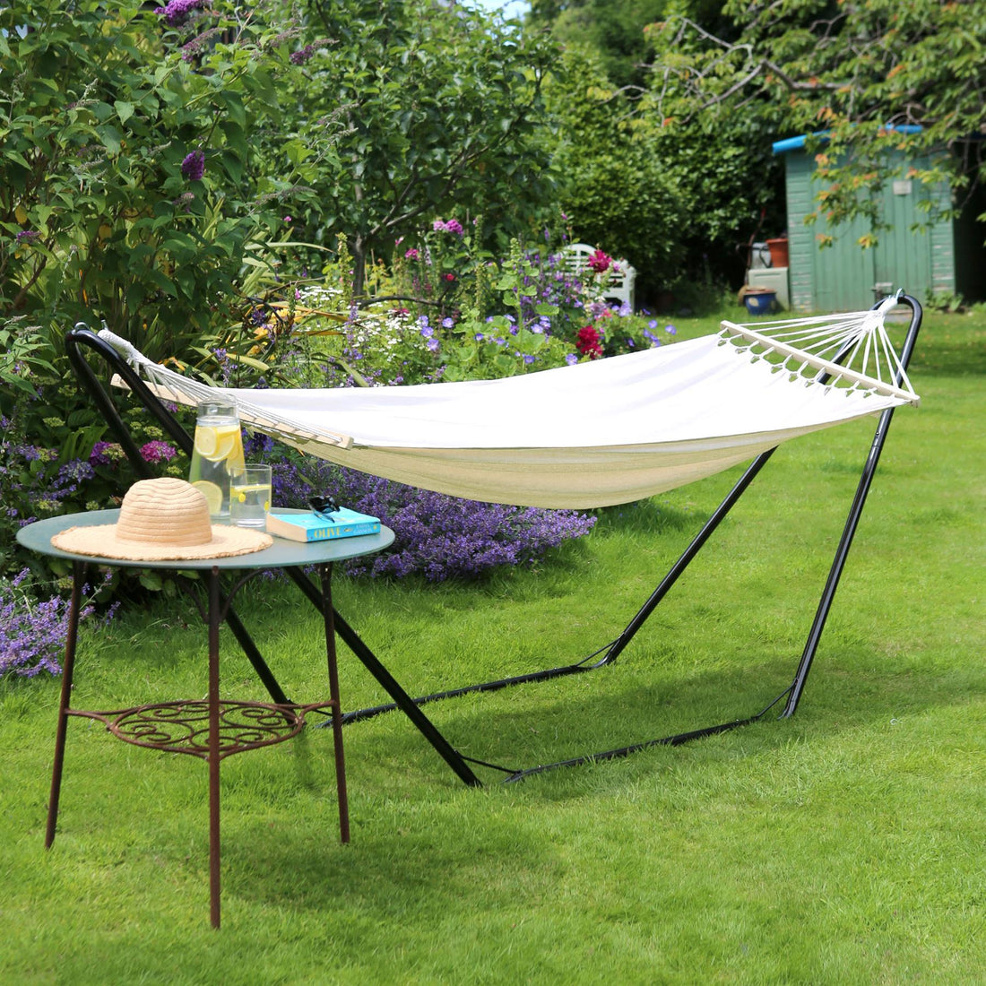 200cm x 80cm Deluxe Cream Cotton Garden Hammock with Metal Stand
