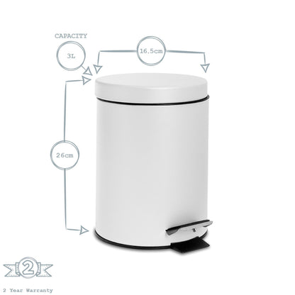 3L Matt Black Round Stainless Steel Bathroom Pedal Bin