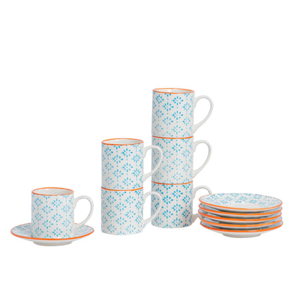 12pc 65ml Hand-Printed Stoneware Blue Espresso Cup &amp; Saucer Set