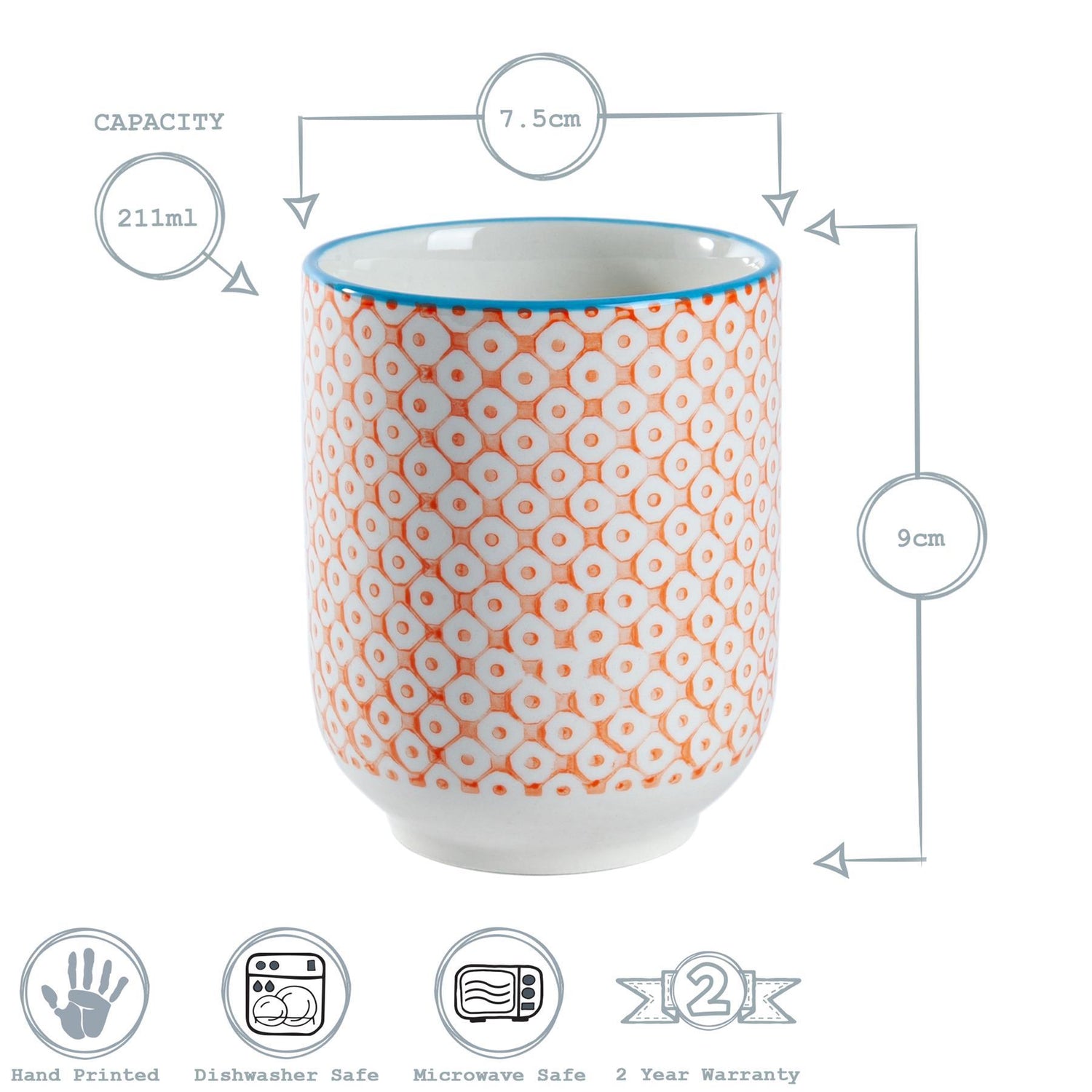 280ml Orange Hand Printed Stoneware Tumblers - Pack of Six