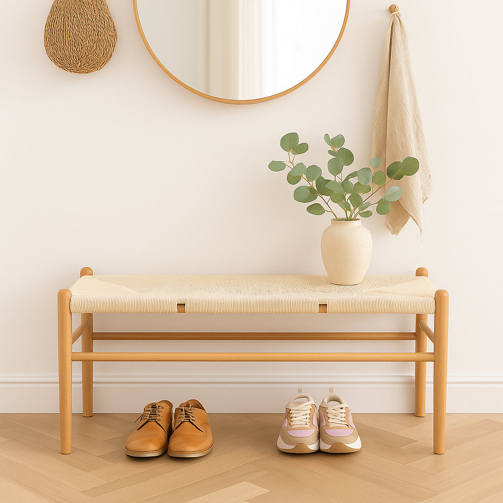 Beige Wooden Wishbone Dining Bench