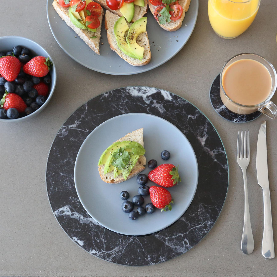 Black Marble-Effect 12-Piece Glass Placemat &amp; Coaster Set - 30cm Round Placemats &amp; Round Coasters
