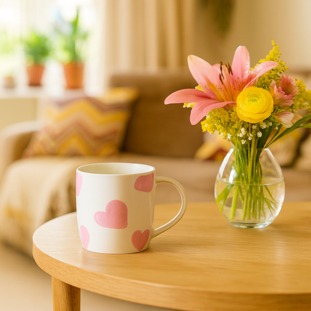 350ml White &amp; Pink Hearts Simply Home Stoneware Mugs - Pack of Six