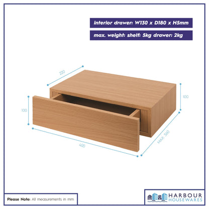 Wooden Floating Shelf with Drawer - 40cm - Light Oak