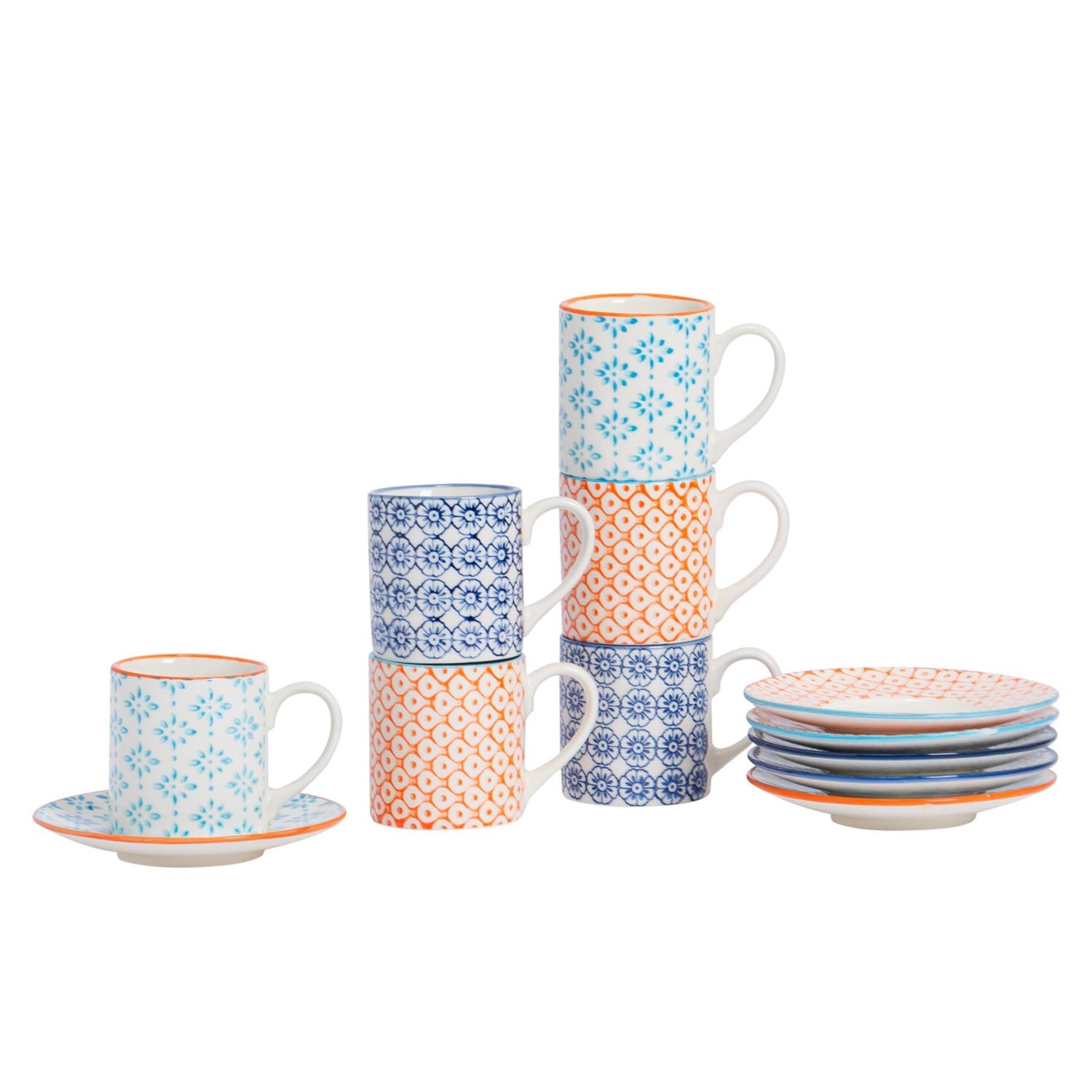 12pc 65ml Hand-Printed Stoneware Multicoloured Espresso Cup &amp; Saucer Set