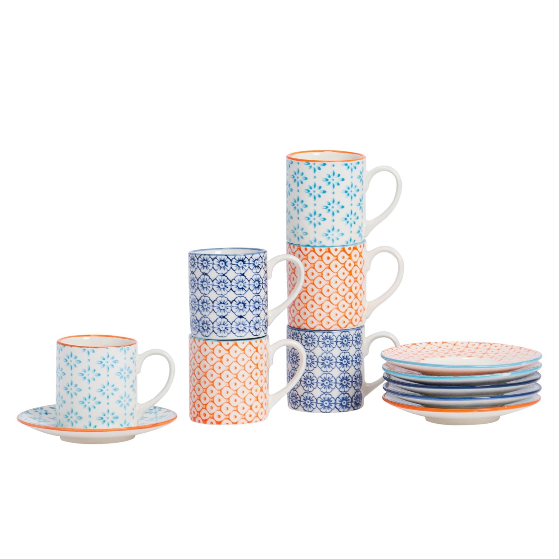 12pc 65ml Hand-Printed Stoneware Multicoloured Espresso Cup &amp; Saucer Set