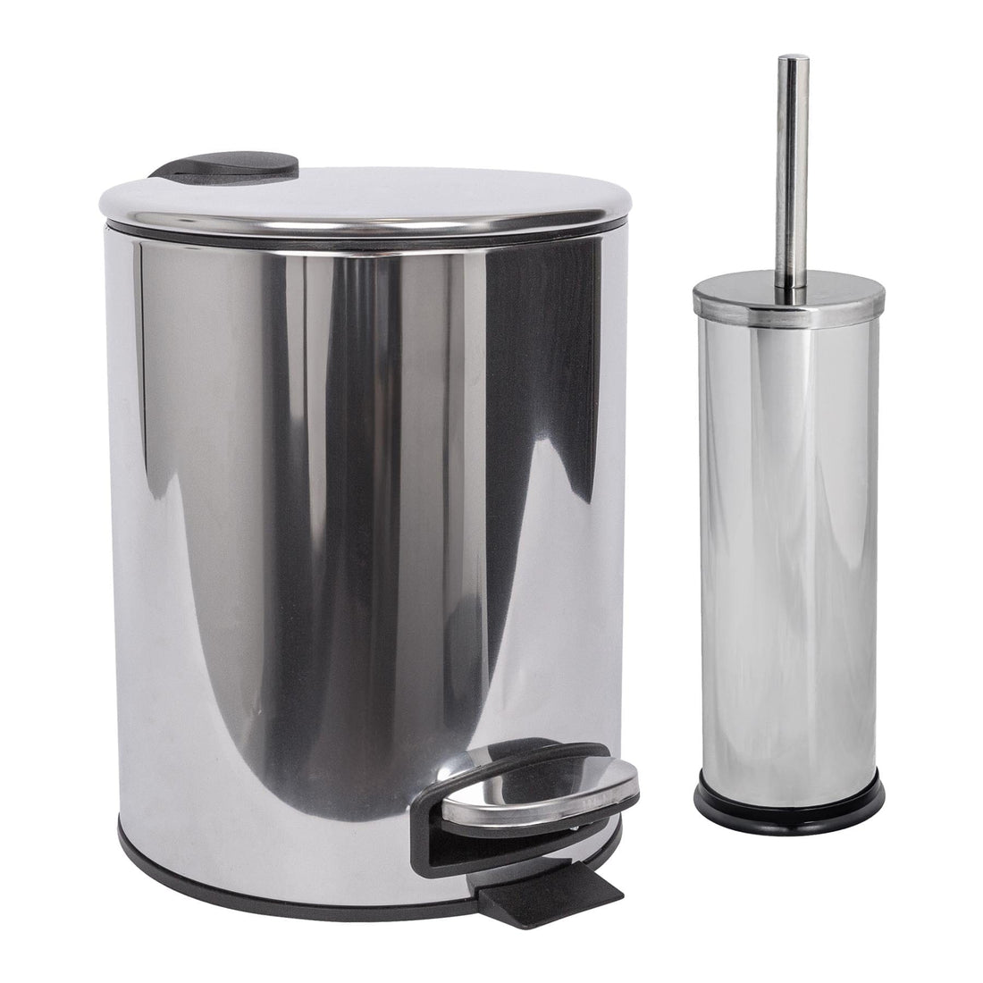 2pc 5L Chrome Round Stainless Steel Pedal Bin &amp; Toilet Brush Set