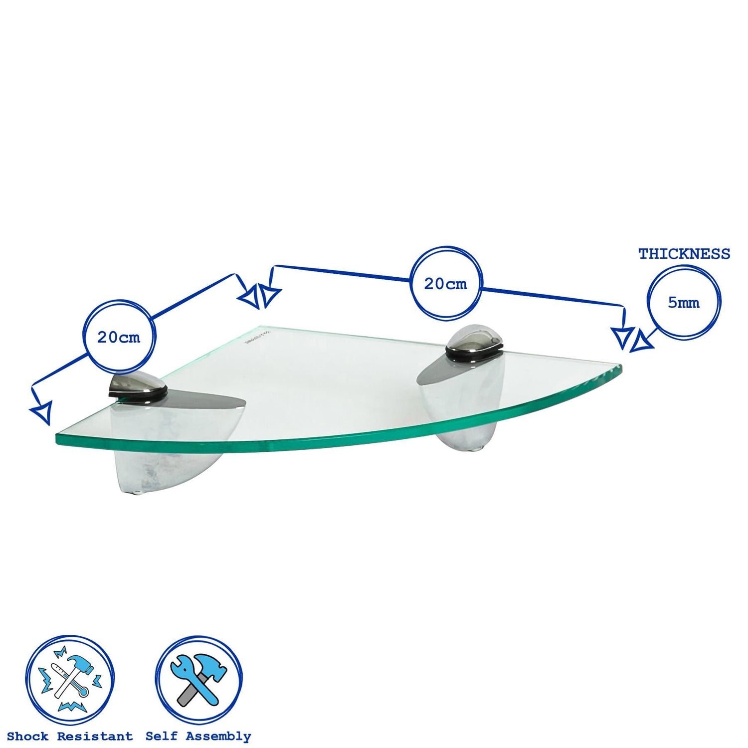 20cm Floating Glass Corner Shelf with Chrome Fixings