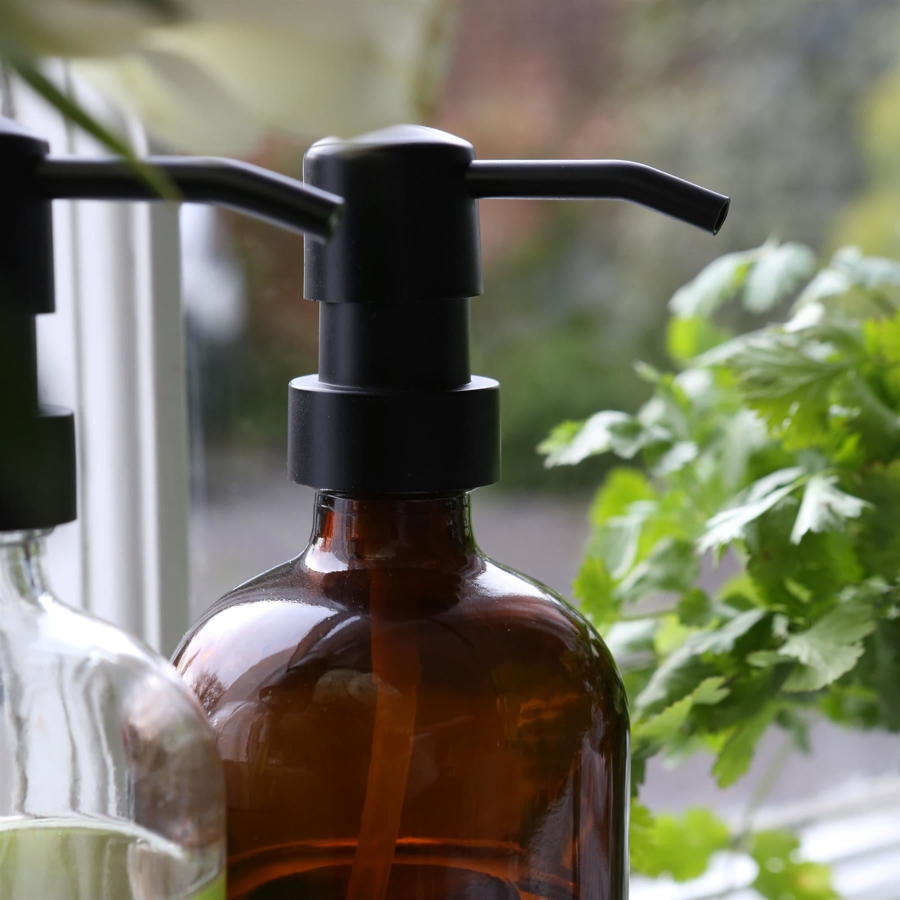 2pc 500ml Amber Glass Soap Dispenser with Black Labels &amp; Bamboo Tray