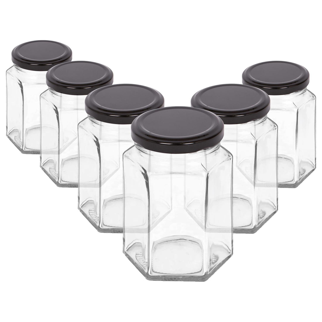 250ml Hexagonal Glass Jam Jars with Black Lids - Pack of 6