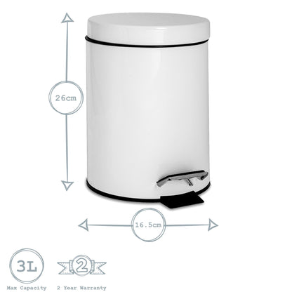 3L White Round Stainless Steel Bathroom Pedal Bin