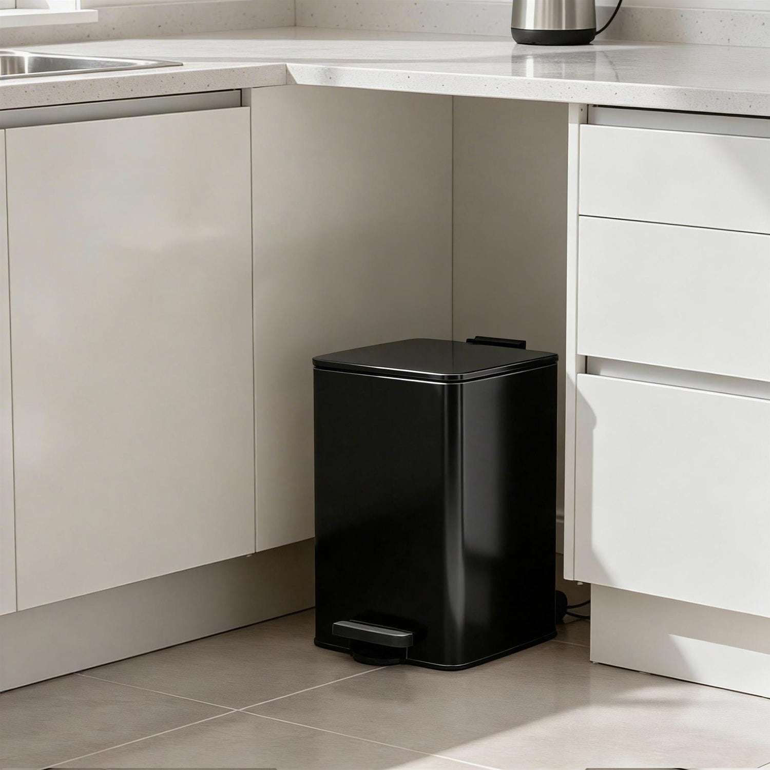 20L Square Stainless Steel Kitchen Pedal Bin - Black