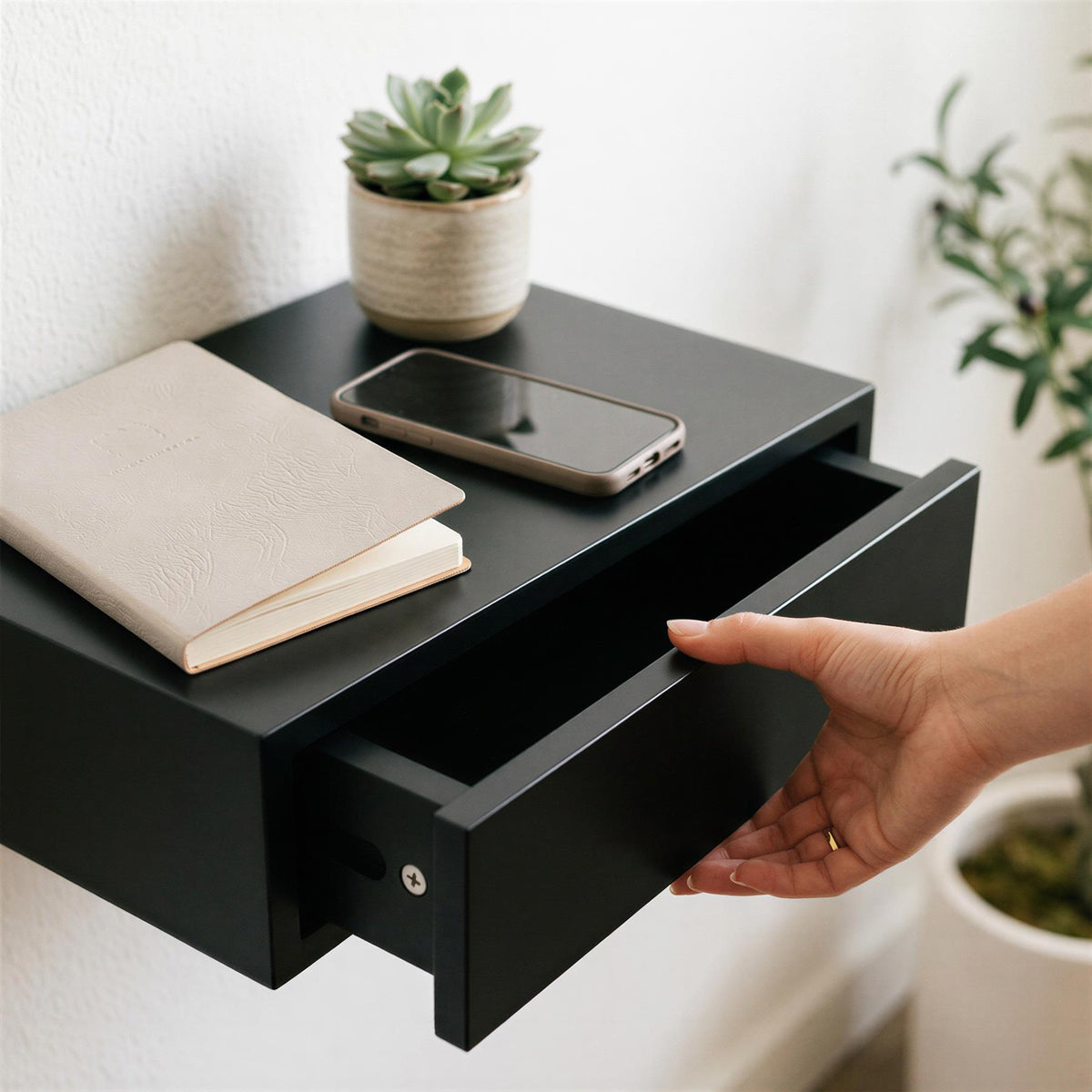 Wooden Floating Shelf with Drawer - 40cm - Black