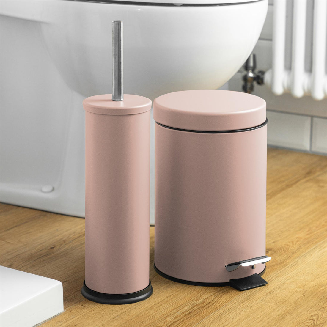 Matt Pink Round Stainless Steel Toilet Brush &amp; Bin Set