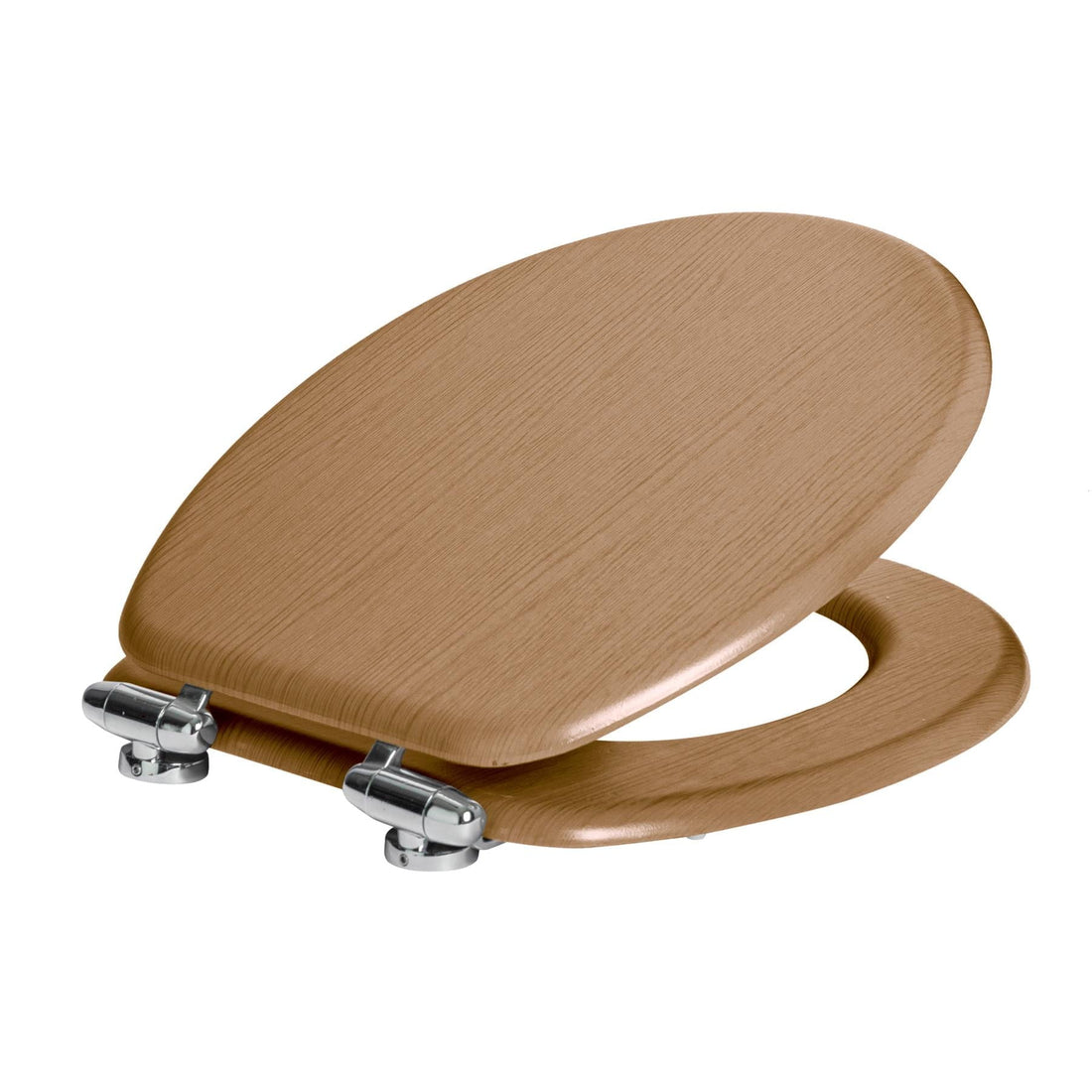 Dark Oak soft-close tongue and groove MDF wood toilet seat with chrome hinges, from Harbour Housewares, product image on white background