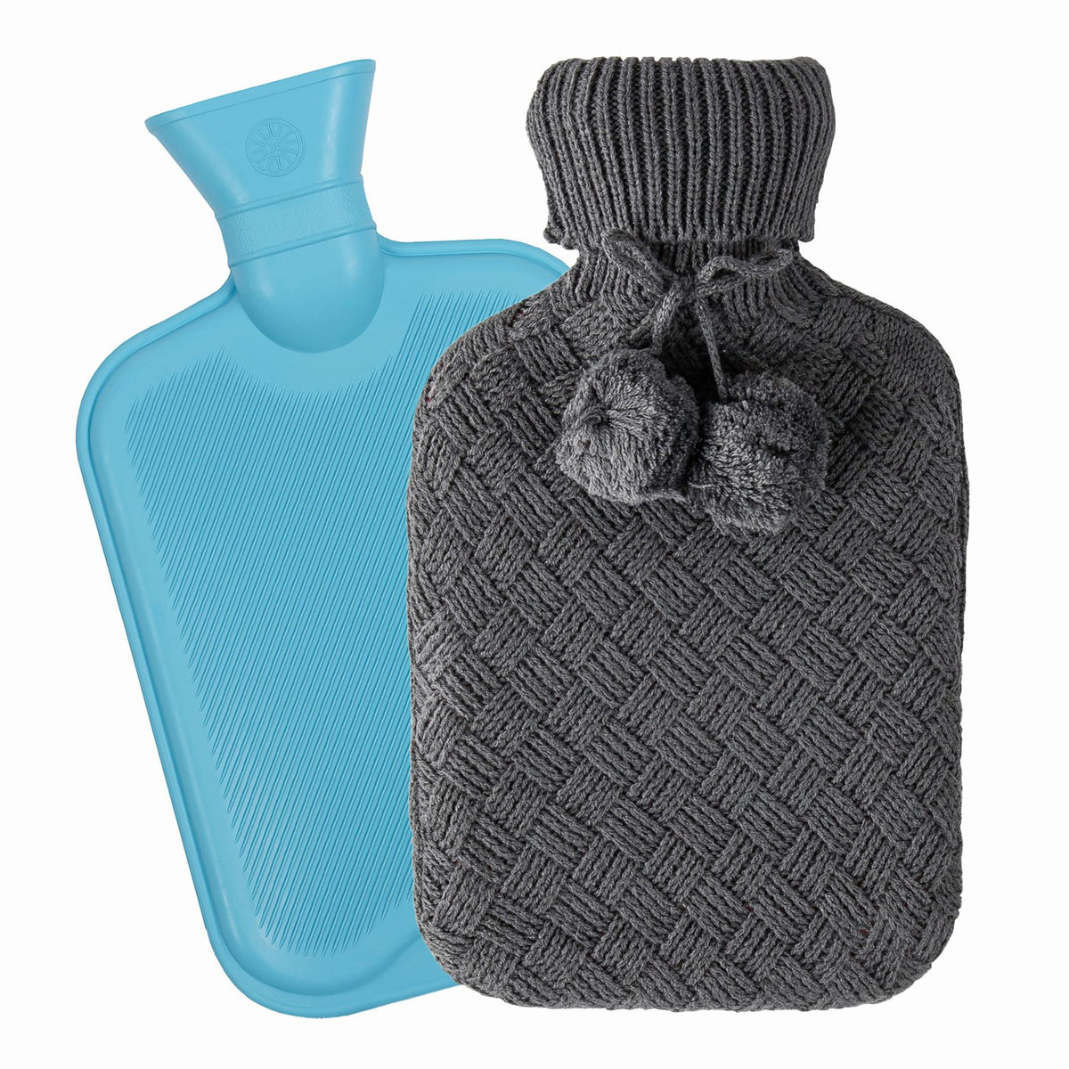 Hot Water Bottle with Knitted Cover - 1.8L - Blue/Dark Grey